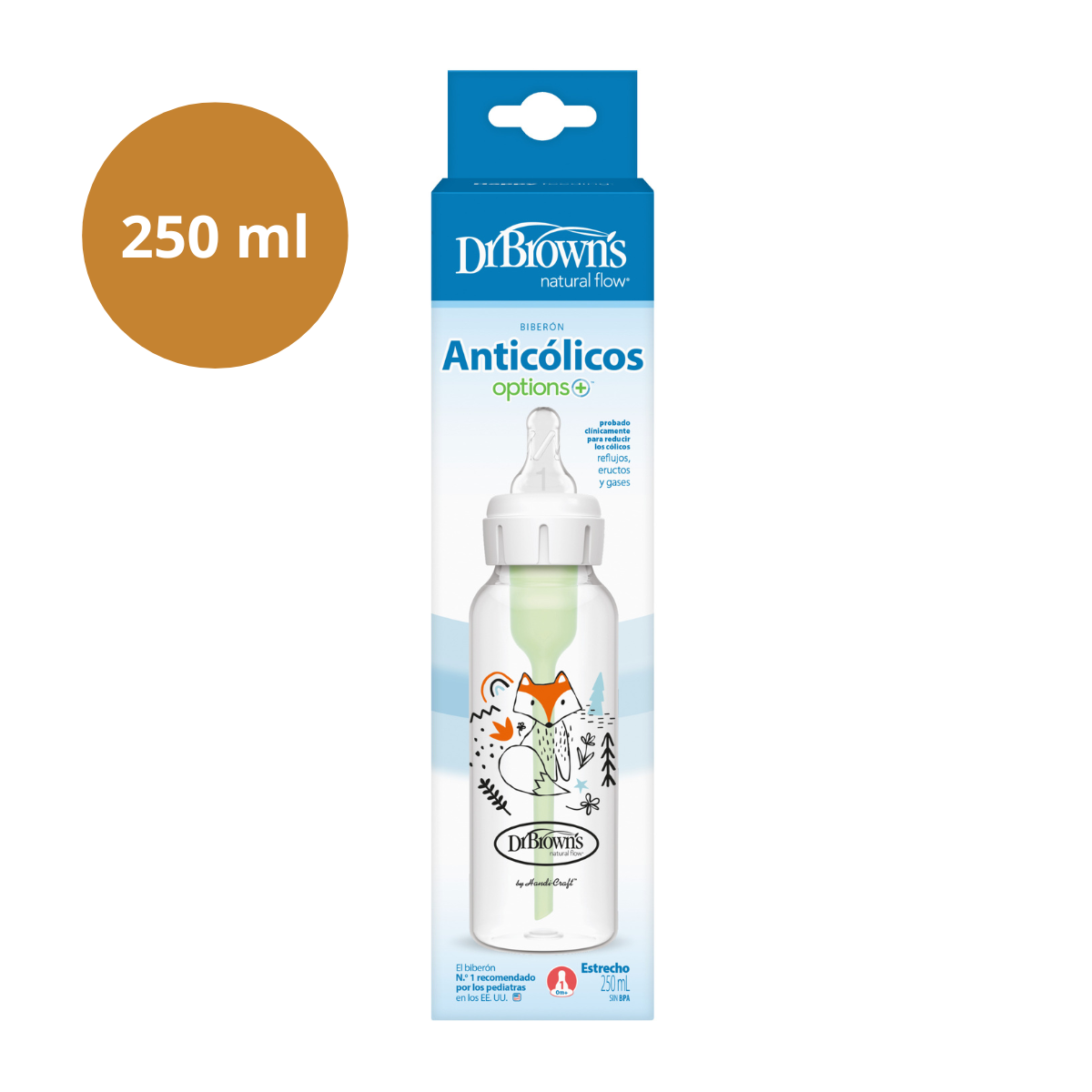 Biberão Options+ PP Boca Estreita Raposa, 250ml Dr. Browns