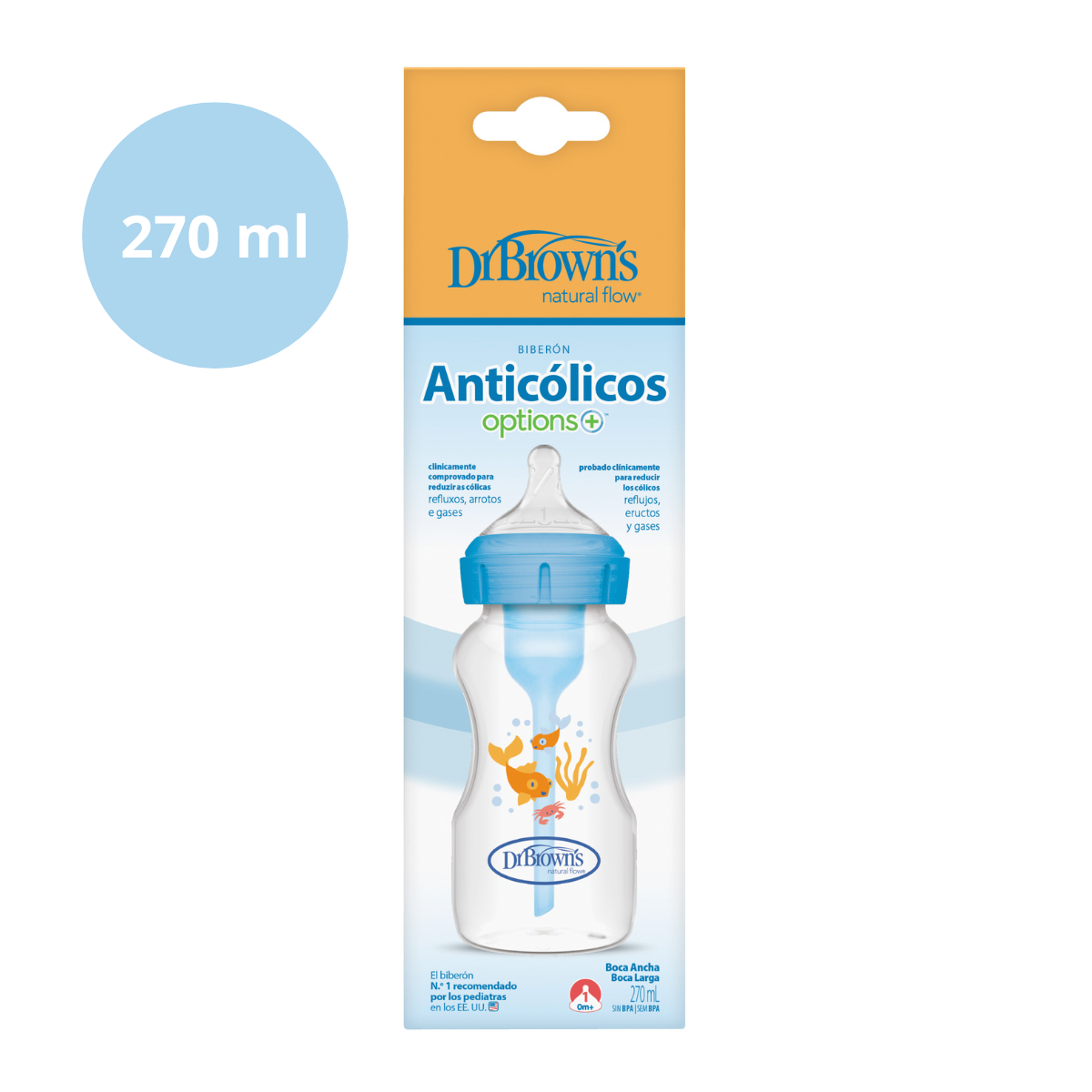 Biberão Options+ PP Boca Larga Azul, 270ml Dr. Browns