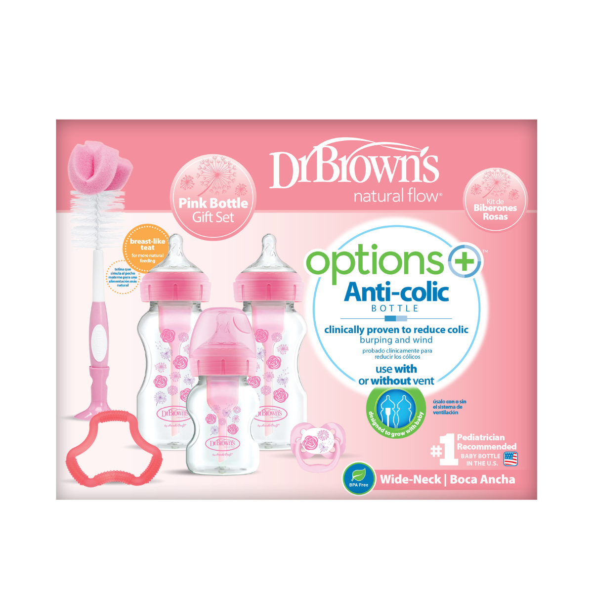 Biberão Options+ PP Boca Larga Pack Rosa, Dr. Browns
