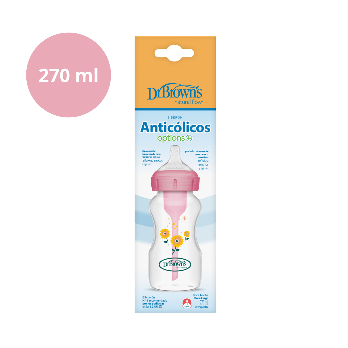 Biberão Options+ PP Boca Larga Rosa 270ml Dr. Browns