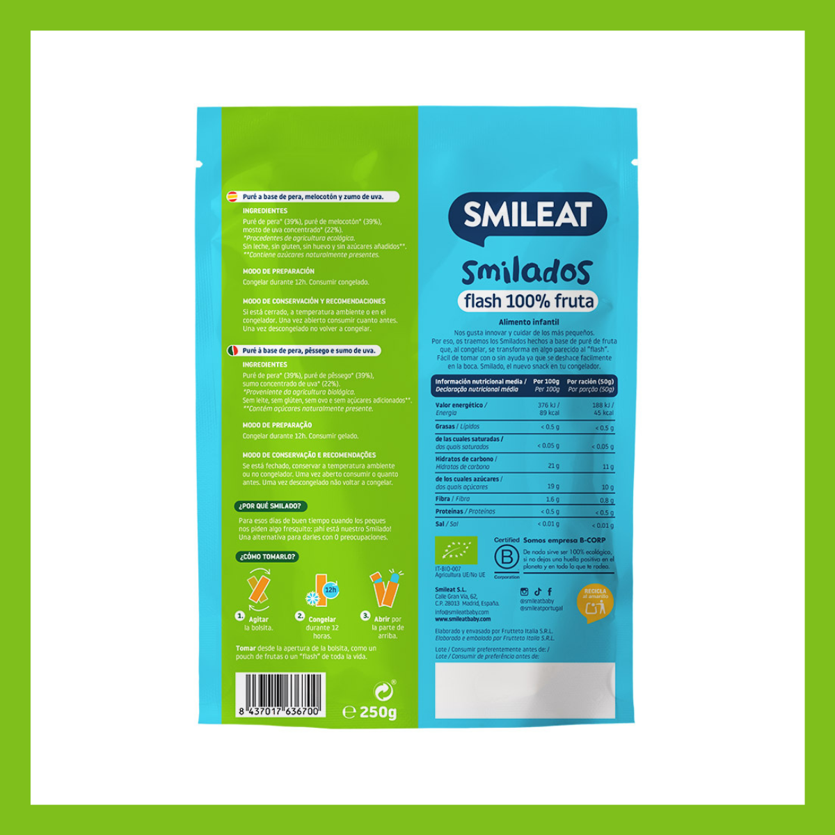 Smilados Pêra e Pêssego Biológico - 5 uni. x 50g. Smileat