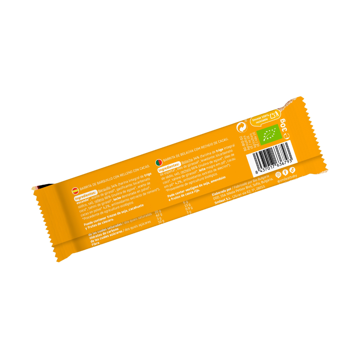 Bolacha Wafer com Cacau Biológico, 30g, Smileat Triboo