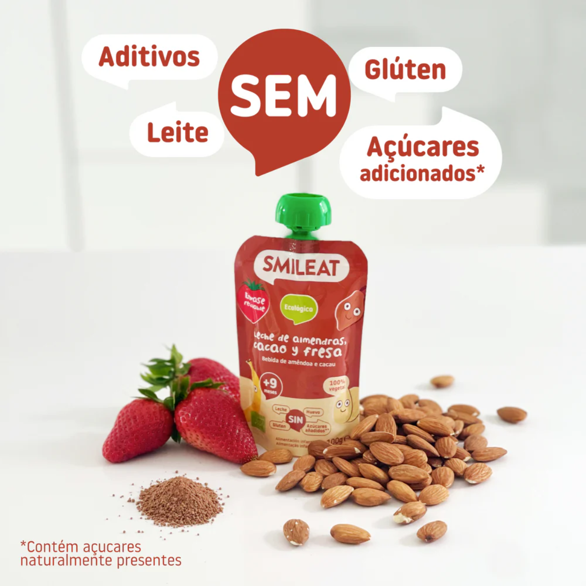 Saqueta Bebida de Amêndoa, Cacau e Morango Biológico, 100g Smileat