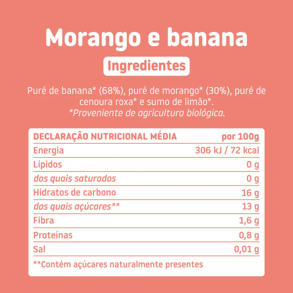 Saqueta Morango e Banana Biológico, 100g Smileat