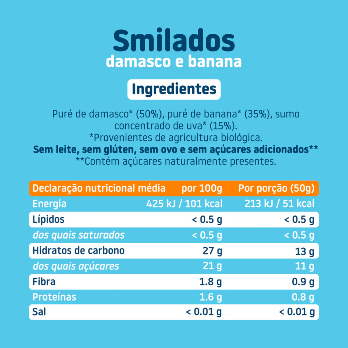 Smilados Damasco e Banana Biológico - 5 uni. x 50g. Smileat