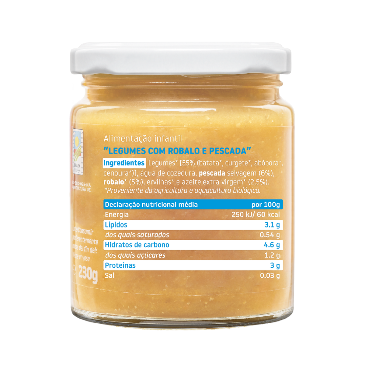 Boião Legumes com Robalo e Pescada Biológico, 230g Smileat