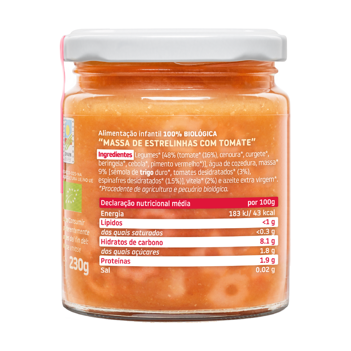 Boião Pedacinhos de Macarrão com Tomate Biológico, 230g Smileat