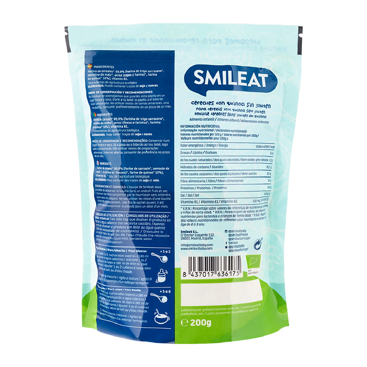 Papa de Cereais Biológicos e Quinoa, sem glúten, 200g Smileat