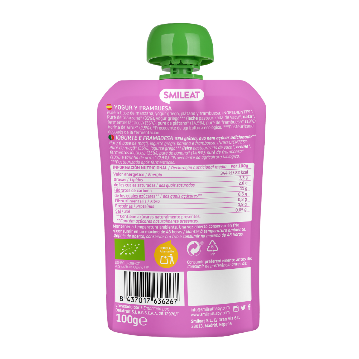 Saqueta Iogurte e Framboesa Biológico, 100g Smileat
