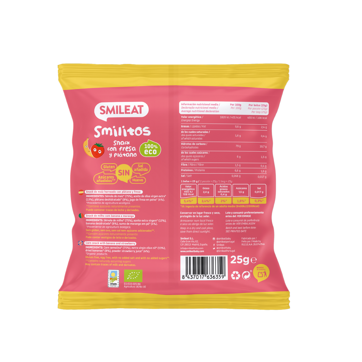Snack Smilitos Milho com Morango e Banana Biológico, 25g Smileat