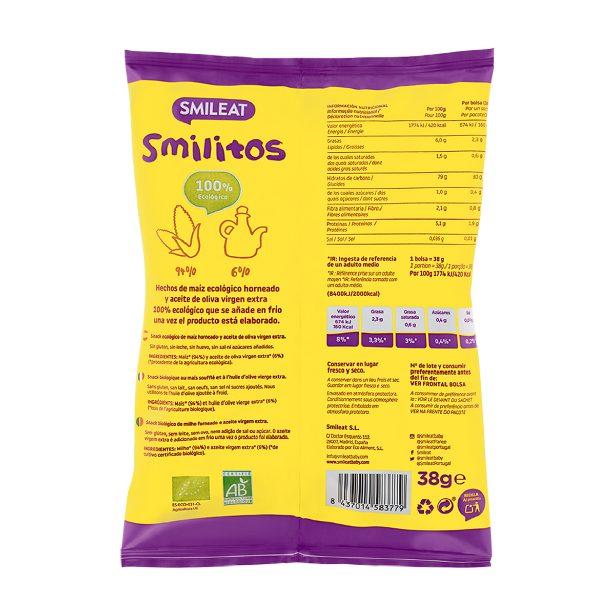 Snack Smilitos Milho Biológico, 38g Smileat